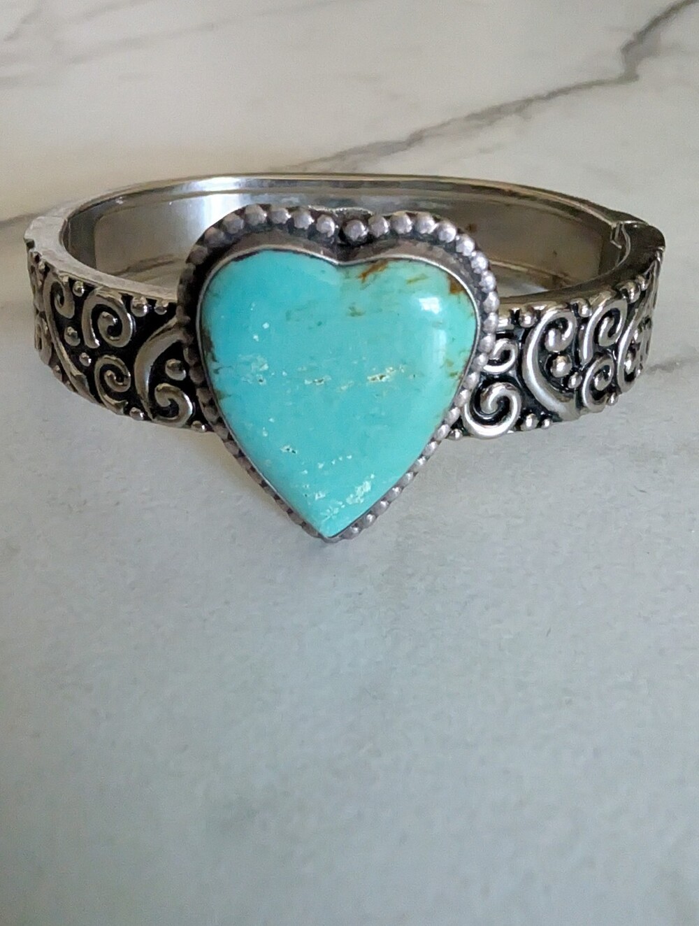 Turquoise Heart Silver Bangle Cuff Bracelet - Women Jewelry